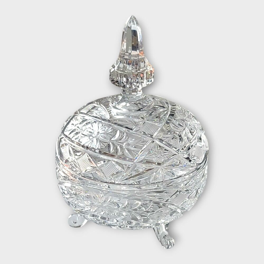 Vintage Atlantis Lead Crystal Cut Glass Footed Trinket Candy Dish With Lid